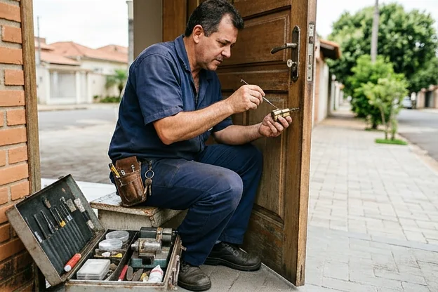 Profissional de chaveiro realizando manutenção em fechadura em Sertãozinho.